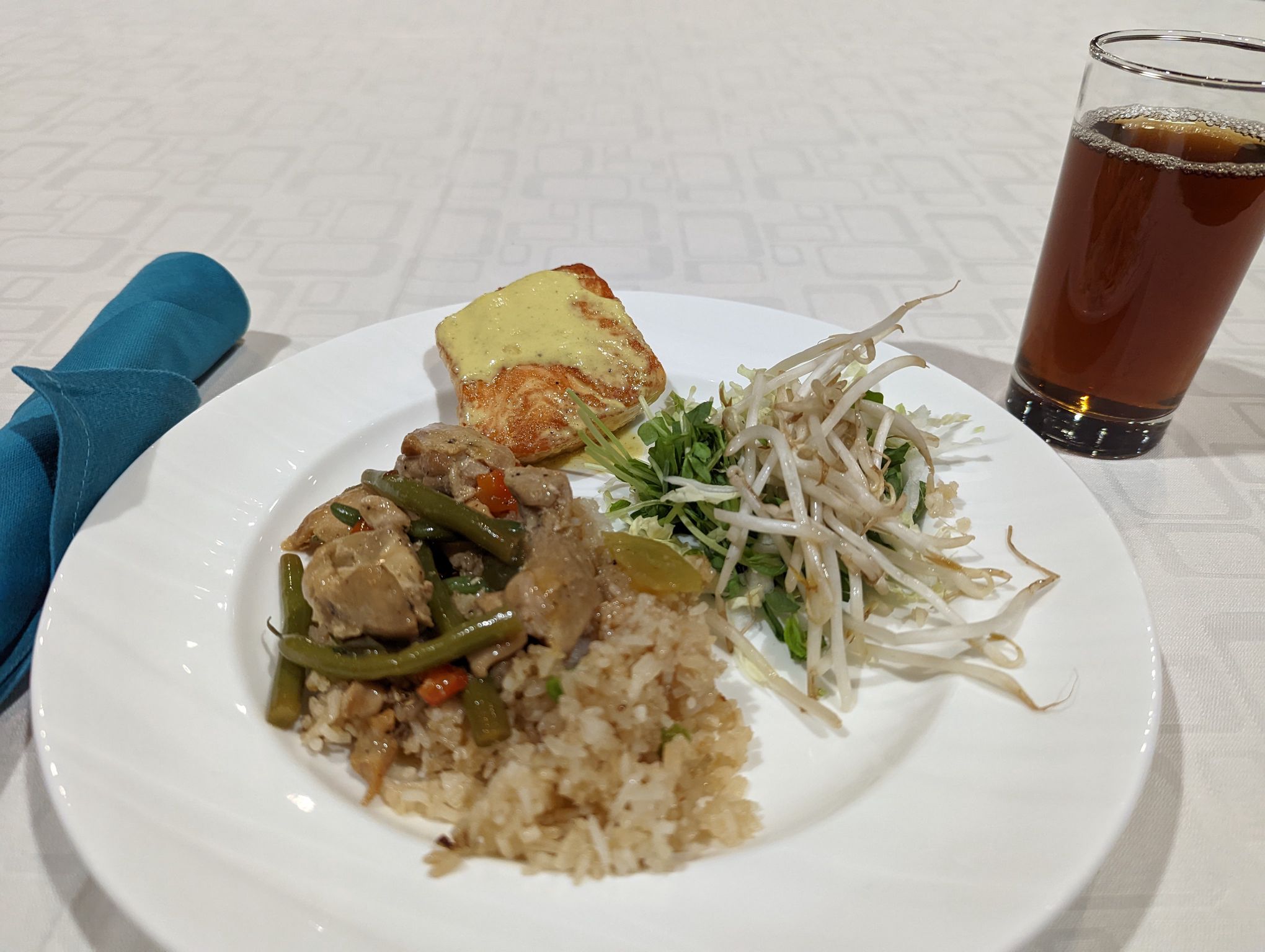 Lunch was pork and rice, some greens, and a salmon steak; plus some slightly flavoured water.